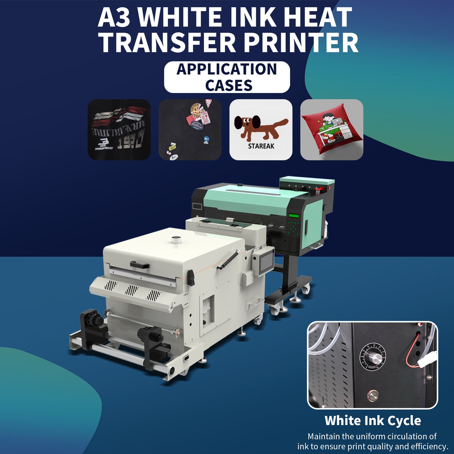 A3 white ink hot stamping shaking powder machine A3 dual head DTF printer powder spraying shaking powder drying integrated machine Ke style hot stamping